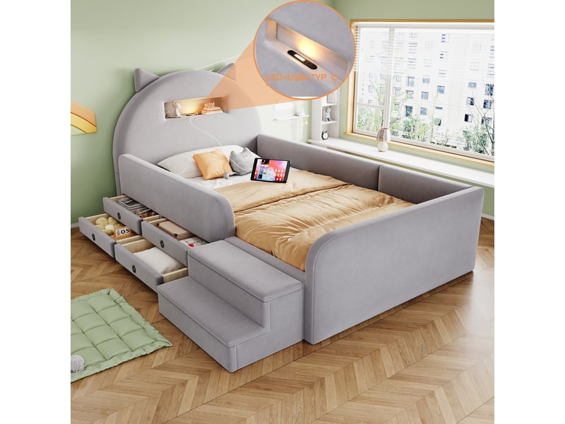  Lit rembourré 90x200 cm – lit enfant confortable avec 4 tiroirs led et usb – velours – gris clair CozyNest - Conforama C