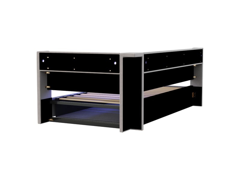  Lit canapé velours gris clair 90x200 cm avec rangement hydraulique, led, usb et étagère  - Conforama E