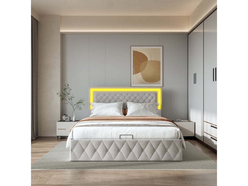  Lit coffre 160x200cm - lit double 160x200 capitonné en velours rangements avec éclairage led - beige  - Conforama B
