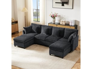 Canapé d’angle modulable 46 places en u ou l 278x161x81 cm avec 2 poufs amovibles, 6 coussins, canapé en tissu chenille - gris