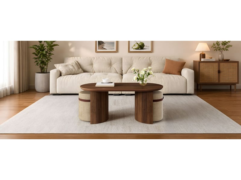 Table basse forme ovale ensemble 2 pièces 2 tabourets structure en mdf tabourets rembourrés table de salon  - Conforama B