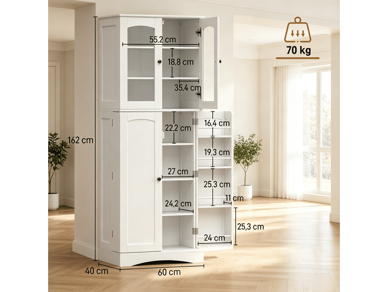  Buffet de cuisine blanche 60 x 40 x 162 cm avec vitrines en acrylique, étagères réglables  - Conforama D