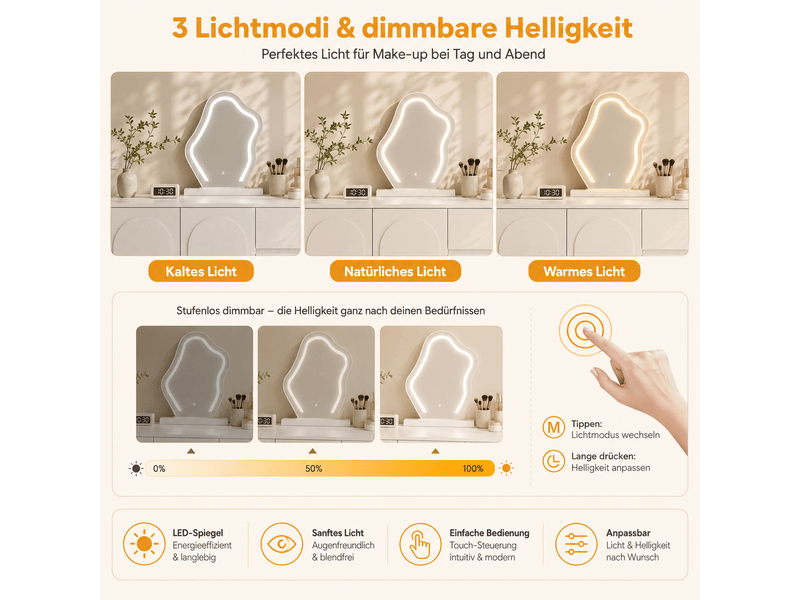  Coiffeuse 140x40x75 cm blanche avec miroir led 3 couleurs et plateau extensible  - Conforama E