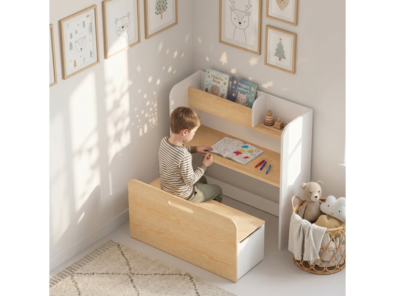 Bureau enfant 5 en 1 blanc avec bibliothèque et banc roulant, 3 à 8 ans - Conforama D