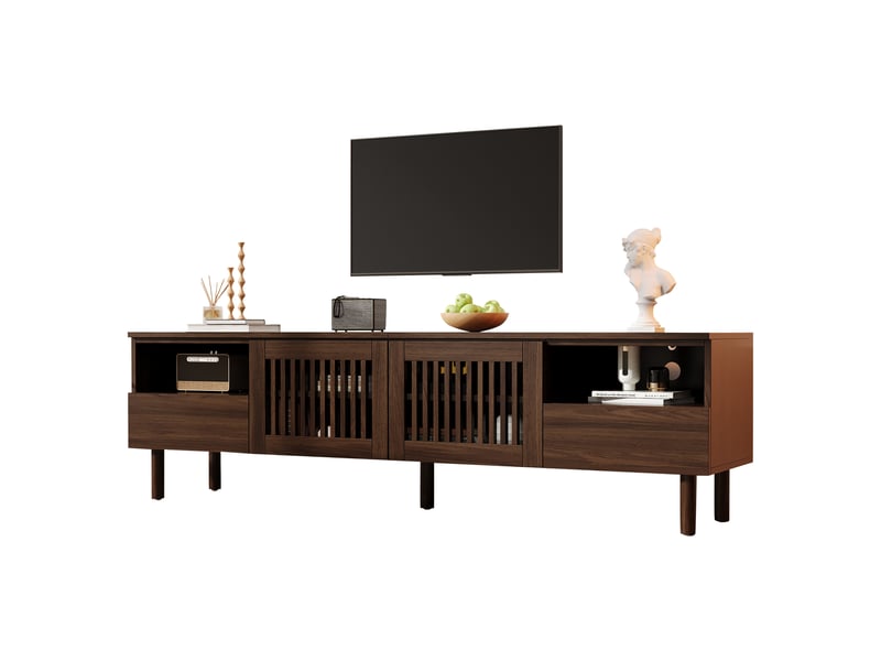  Meuble tv bas 180x40x51 cm en mdf avec 2 portes cannage, 2 tiroirs et rangements ouverts, pieds en bois - noyer  - Conforama A