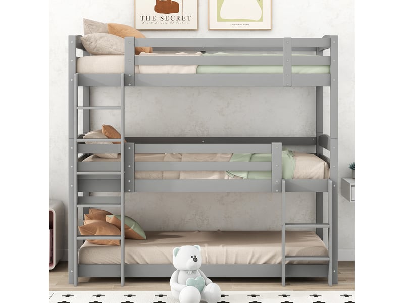  Lit superposé triple enfant 90x200 cm gris en bois de pin et mdf  - Conforama E