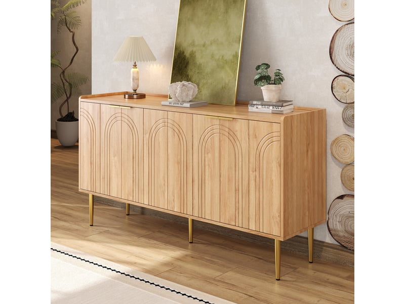 Buffet 4 portes mdf naturel 140x38x75 cm avec étagères réglables - Conforama B