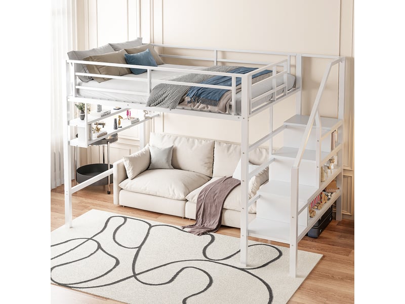 Lit mezzanine enfant 140×200 cm étagères, échelle de rangement et barrière - sans matelas, métal blanc - Conforama C