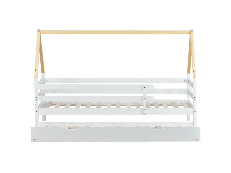  Lit gigogne enfant avec lit inférieur coulissant sur roulettes, structure en pin et contreplaqué blanc  - Conforama D