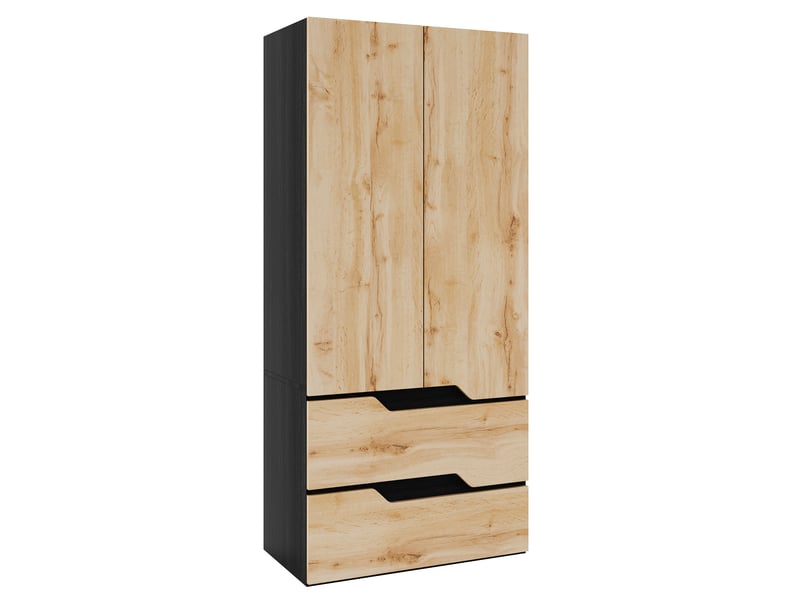  Armoire penderie de chambre 90x50x200 cm, dressing de rangement moderne, mdf aspect chêne, 2 portes 2 tiroirs, noir et bois  - Conforama A