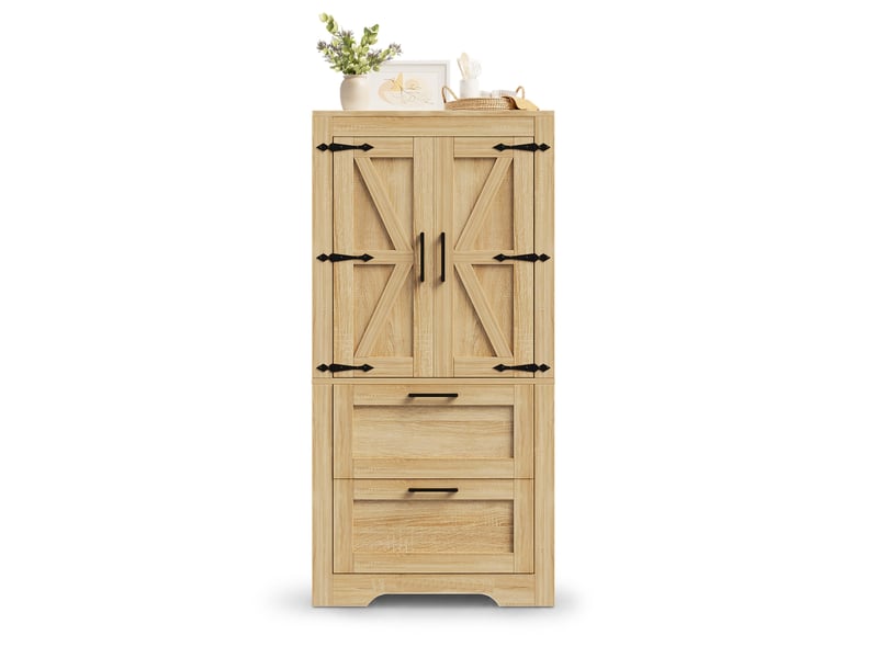  Buffet haut 60x30x128 cm avec portes style grange, 2 tiroirs et étagères réglables, meuble rangement cuisine mdf naturel OMNIGLINT TRADING LTD - Conforama A