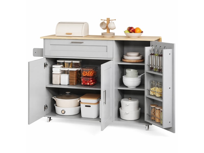 Desserte de cuisine 132.5x44(70)x90 cm grise, plateau pliant effet chêne - Conforama A