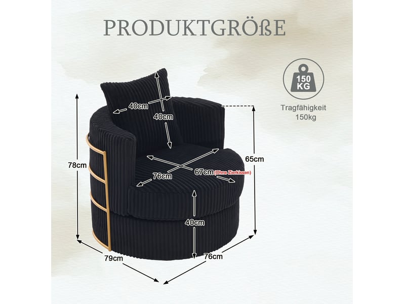  Fauteuil pivotant modenvie 360° en velours côtelé noir avec rangement sous l'assise  - Conforama C