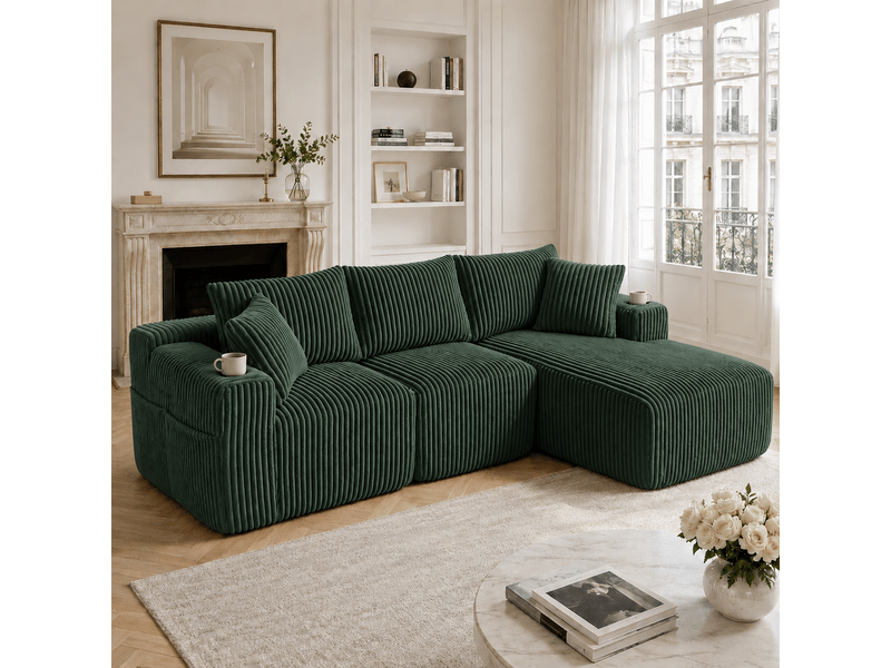 Canapé modulaire avec méridienne en velours côtelé doux 257 x 160 cm 5 coussins et porte-gobelets - Conforama B