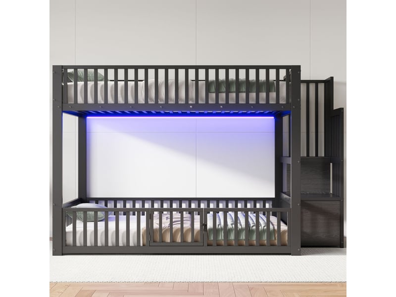  Lit superposé 140x200cm avec escalier de rangement et led - lit double - cadre en métal noir, porte et barrière de sécurité enfant  - Conforama B
