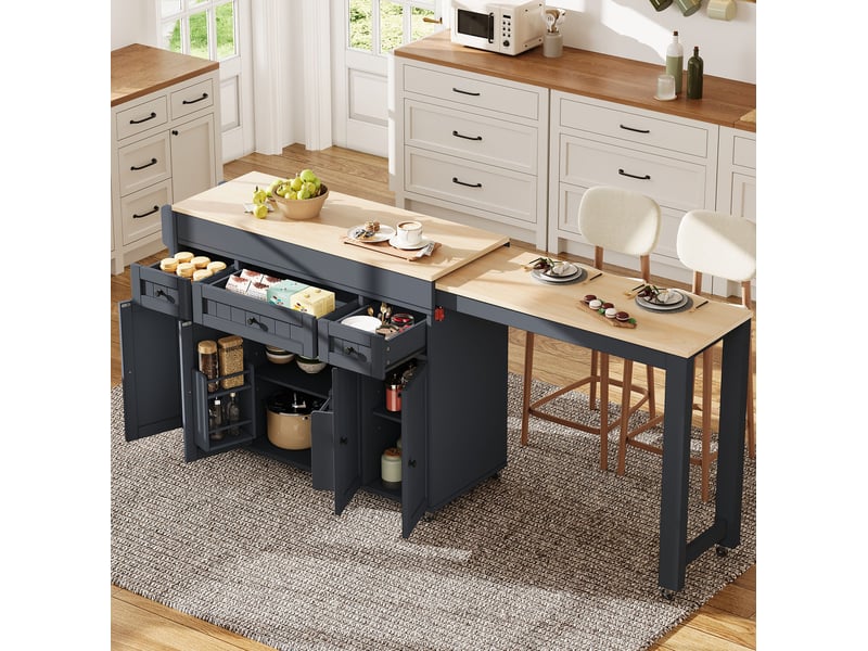  Desserte de cuisine mobile avec plateau extensible, 3 tiroirs, 4 portes et étagère à épices pour cuisine et salle à manger  - Conforama B