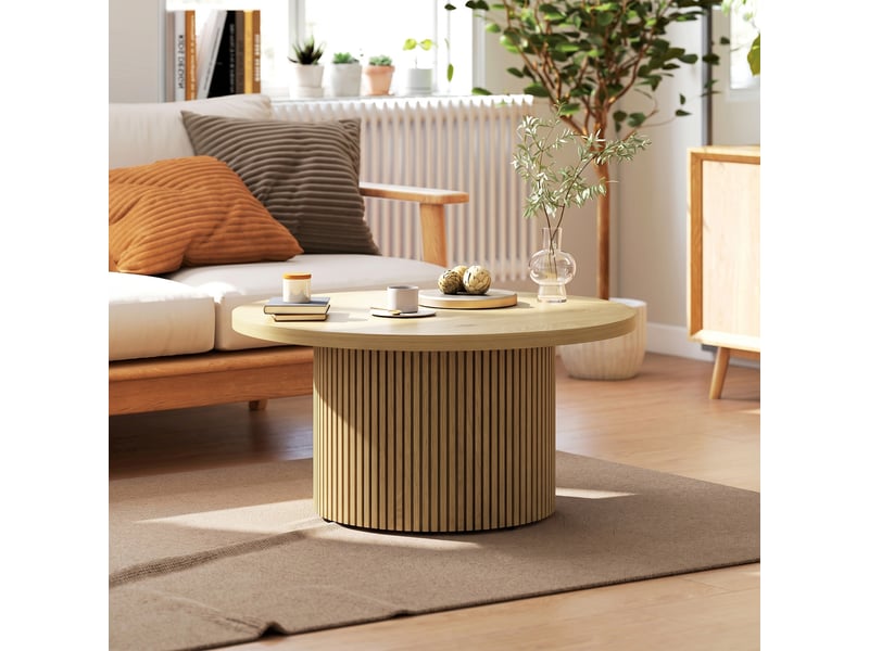  Table basse ronde en bois, table de salon avec piètement cannelé, effet bois naturel, style moderne  - Conforama W