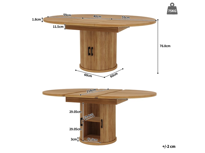  Table à manger extensible 118-158 cm - ronde à ovale - 6 personnes - rangement intégré - noyer et noir  - Conforama C