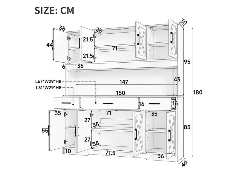  Buffet haut 150x40x180 cm, vaisselier avec rangements, 2 porte-verres, prise, usb-a et usb-c, bande led multicolore, blanc et chêne evarich - Conforama C