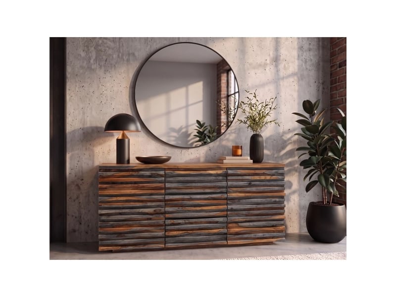  Buffet savana 160 cm en bois massif de sheesham fumé gris – 2 portes, 3 tiroirs et façades sculptées  - Conforama B