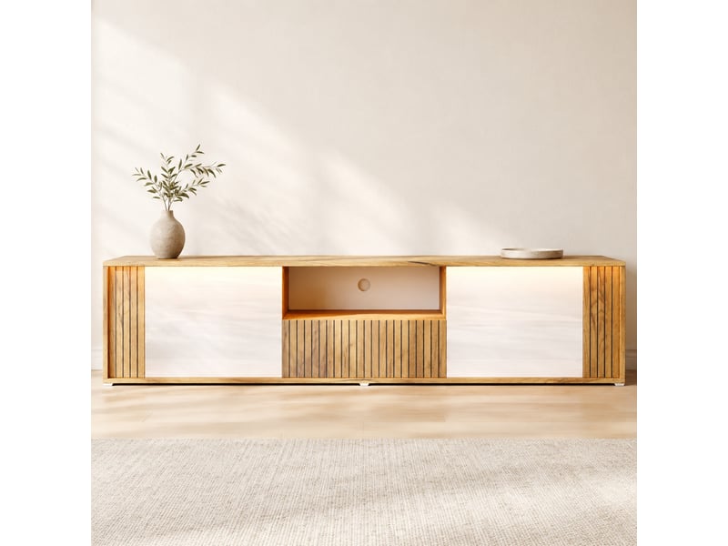  Meuble tv avec 2 portes, 1 tiroir, niches, led et passe-câbles pour le salon, blanc et bois naturel, 180×40×51 cm  - Conforama B