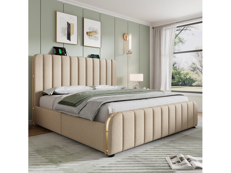  Lit double 160 x 200 cm beige en lin avec matelas, 4 tiroirs et ports usbusb type-c  - Conforama C