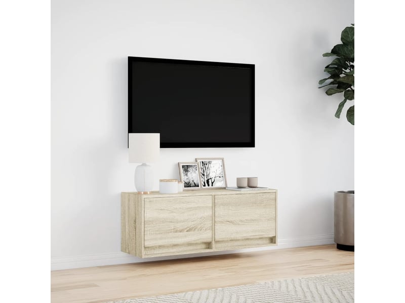 Meuble tv - banc tv - meuble de rangement mural avec lumières led chêne sonoma 100x31x35 cm - Conforama D