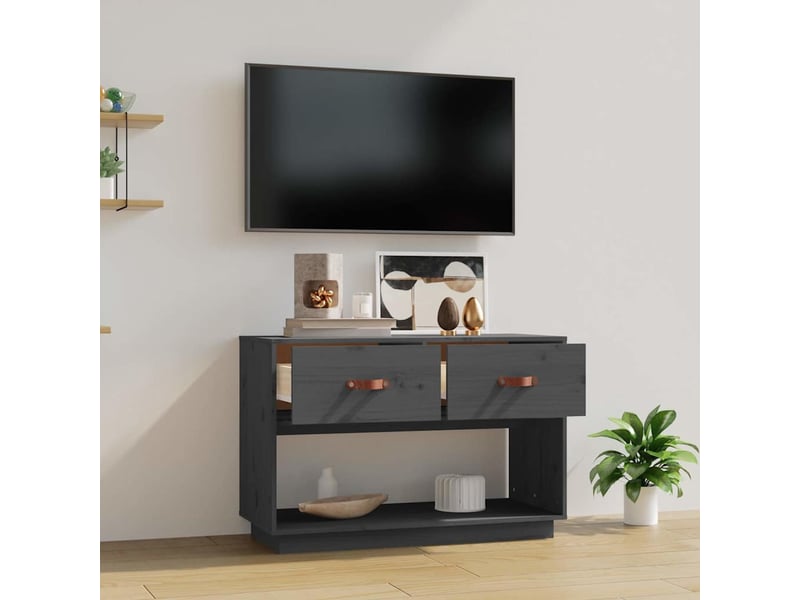  Meuble tv - banc tv - meuble de rangement gris 90x40x60 cm bois de pin massif  - Conforama C