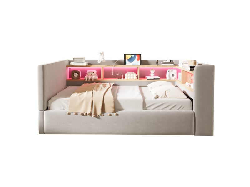 Lit coffre 90x190 cm - lit 1 place avec rangement hydraulique, led, prises et rangements - canapé-lit multifonction - gris - Conforama A