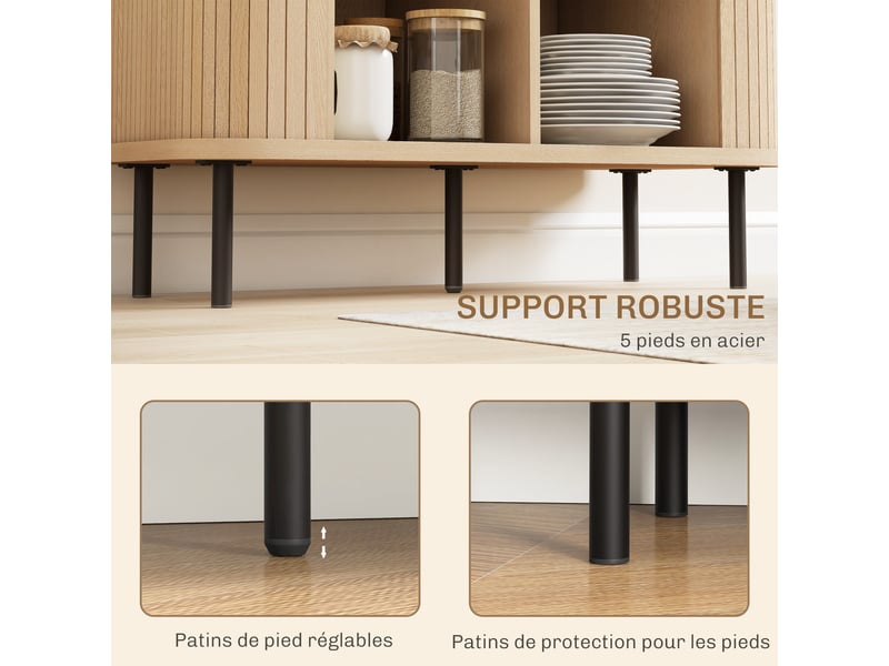 Buffet meuble de rangement avec portes coulissantes à lattes, ton chêne, armoire de cuisine avec pieds en acier - Conforama W