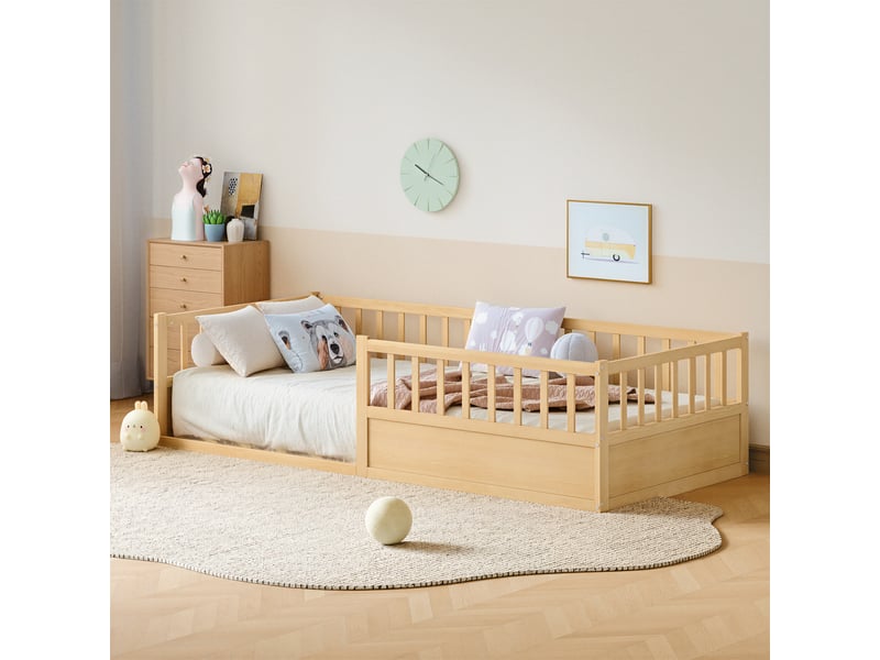  Lit enfant montessori 90x200 cm – avec barrières de sécurité – pin massif – bois naturel CozyNest - Conforama E