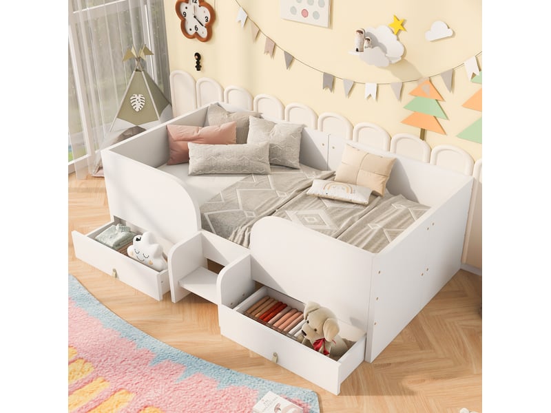  Lit enfant 90 × 200 cm 1 place avec 2 tiroirs, barrières et marche de sécurité, sans matelas, en mdf blanc  - Conforama B