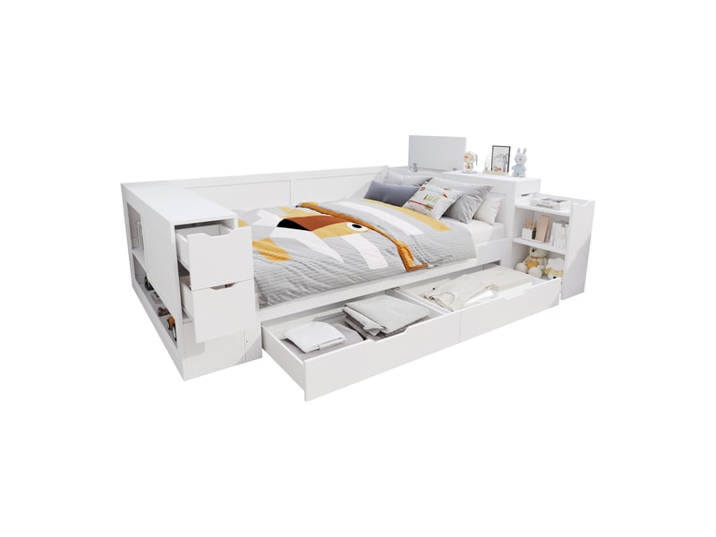  Lit en bois, lit enfant, lit coffre 140x200 cm, lit de jour, lit coffre multifonctionnel avec tiroirs, étagères et rangements, avec tables de chevet, idéal pour adolescents, sans matelas, blanc  - Conforama A