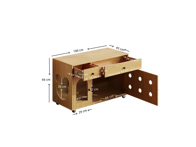  Meuble cache-litière félin 100x45x66 cm – naturel – 2 tiroirs, roulettes et rangement discret intégré  - Conforama C