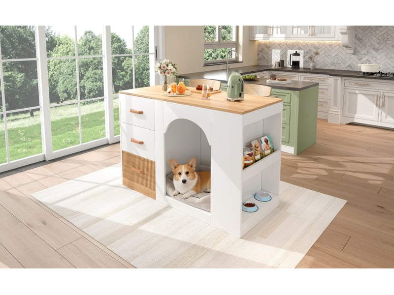 Desserte de cuisine avec 3 tiroirs et 2 niches ouvertes, espace de repos , en mdf, 120×60×90 cm, blanc  - Conforama E