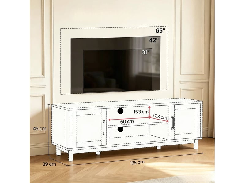  Meuble tv 135x39x45 cm avec 2 portes en rotin et passe-câbles, finition chêne  - Conforama E