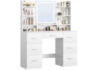 Grande coiffeuse multifonction avec miroir lumineux – table de maquillage blanche à grande capacité