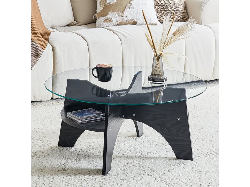  Table basse design multifonction table de salon plateau en verre de sécurité structure à motif éventail pieds en mdf aspect bois noir forme ronde  - Conforama B