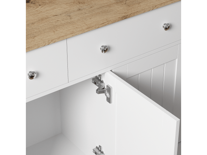  Buffet bass, meuble de rangement, avec texture gravée, 3 portes et 2 tiroirs, 120 x 36 x 80,5 cm, armoire de cuisine, blanc  - Conforama E