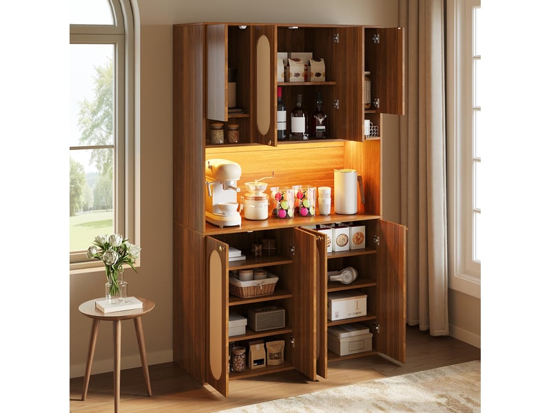  Buffet haut ulevr de rangement à 8 portes, 106 x 40 x 178 cm, espace bar avec led réglable, mdf et décor en rotin pe naturel  - Conforama E