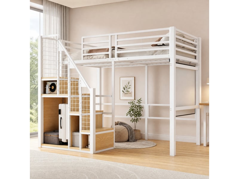  Lit mezzanine simple 90×200 cm avec rangement, penderie et barrière  - sans matelas, métal blanc  - Conforama C