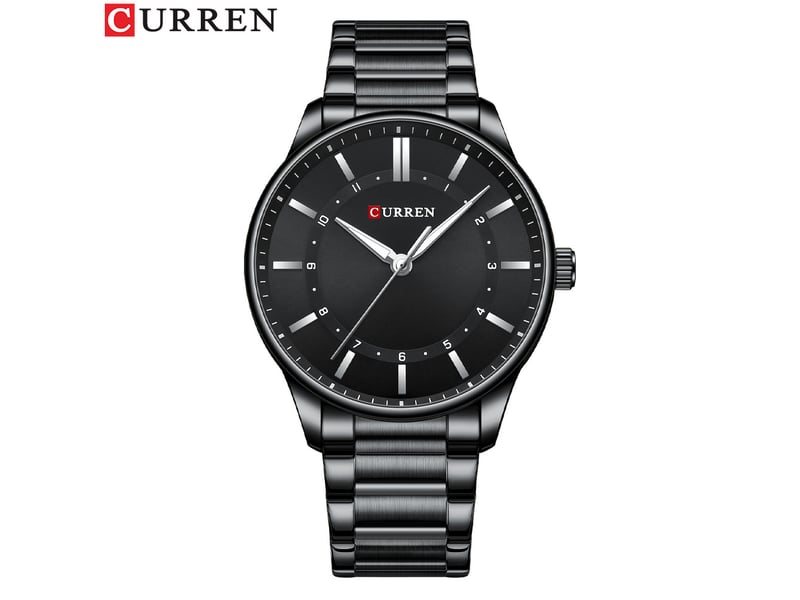 Montre homme ronde étanche (noire), style simple avec index bâtons, grand cadran.