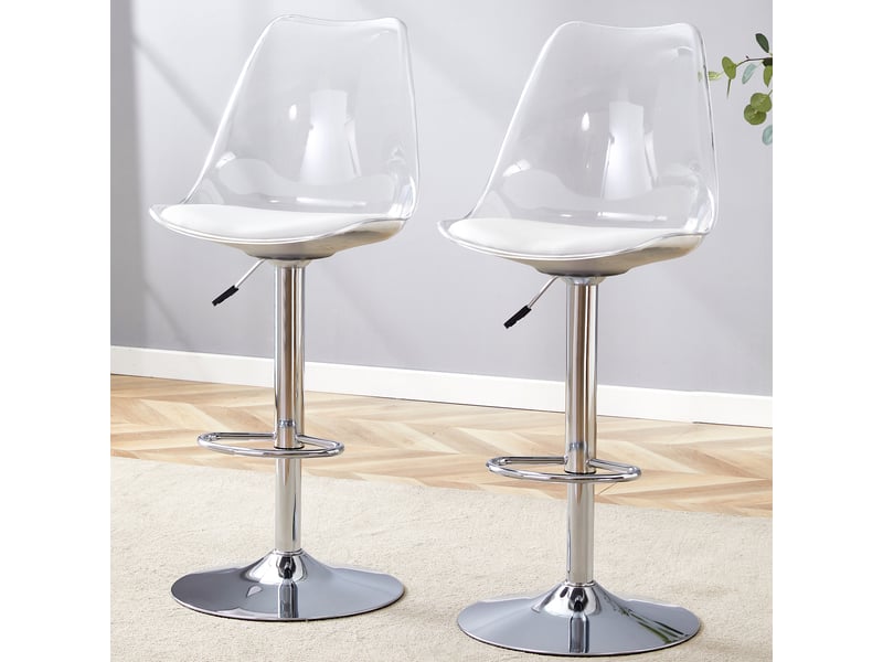  Lot de 2 tabourets de bar transparents avec dossier, réglables en hauteur et pivotants à 360°, assise pu blanc, pieds métal argenté  - Conforama R