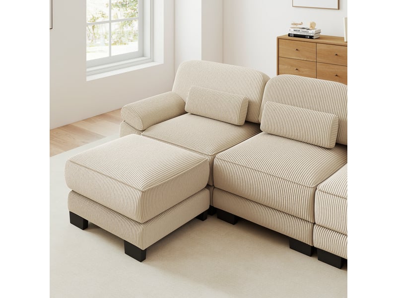  Canapé modulable 4 places en u beige avec deux poufs, canapé en velours côtelé à assise profonde pour salon  - Conforama R