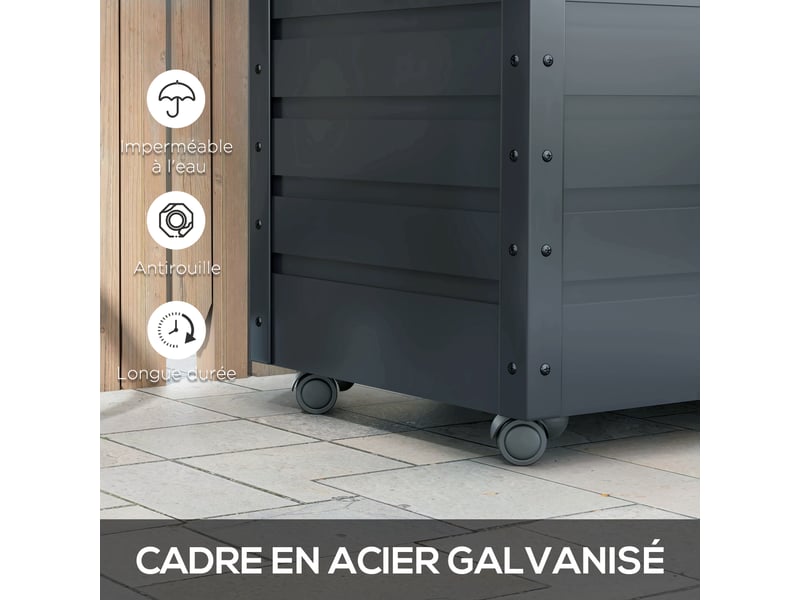  Coffre de rangement extérieur 295l, avec vérin à gaz, roulettes et poignée, en acier galvanisé, gris, 100 x 62 x 65 cm  - Conforama E