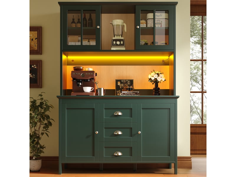 Armoire de cuisine verte buffet haut 120 cm avec portes en verre marron et éclairage led  - Conforama W