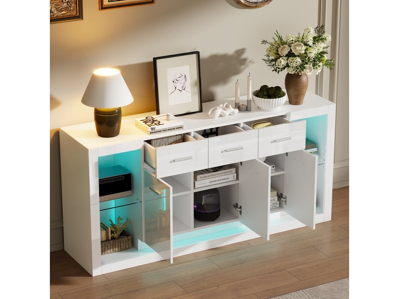 Buffet brillant blanc, 160 x 40 x 75 cm, commode vaisselier avec 3 tiroirs 3 portes et led - Conforama D