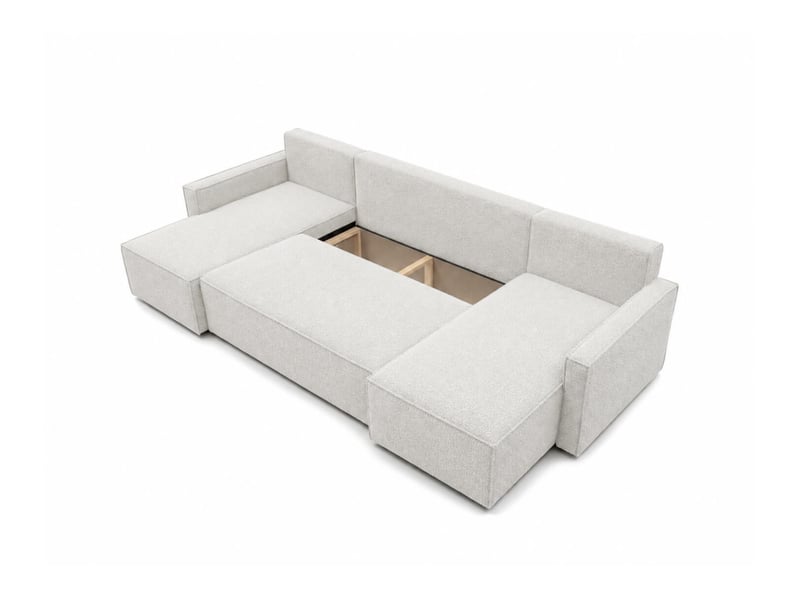 Farah - canapé d'angle panoramique convertible 6 places accoudoirs slim en tissu bouclettes texturées - Conforama D