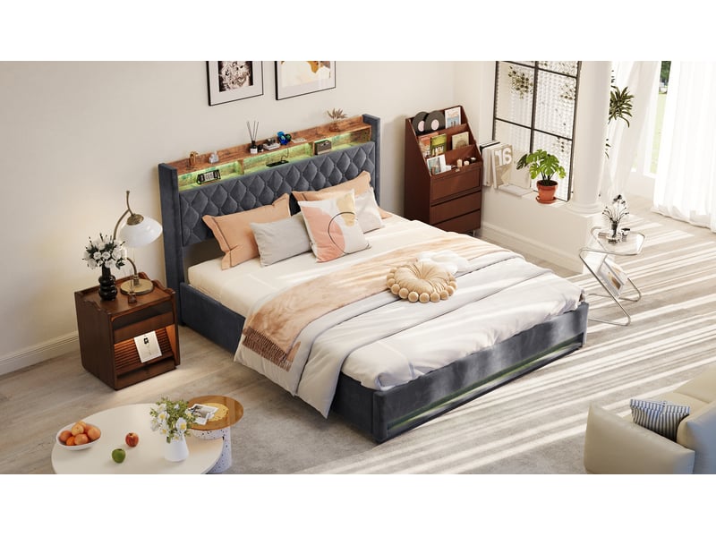 Lit coffre 180x200cm lit 2 place avec led prise, usb, rangement, tête de lit, velours hollandais, gris, sans matelas - Conforama B