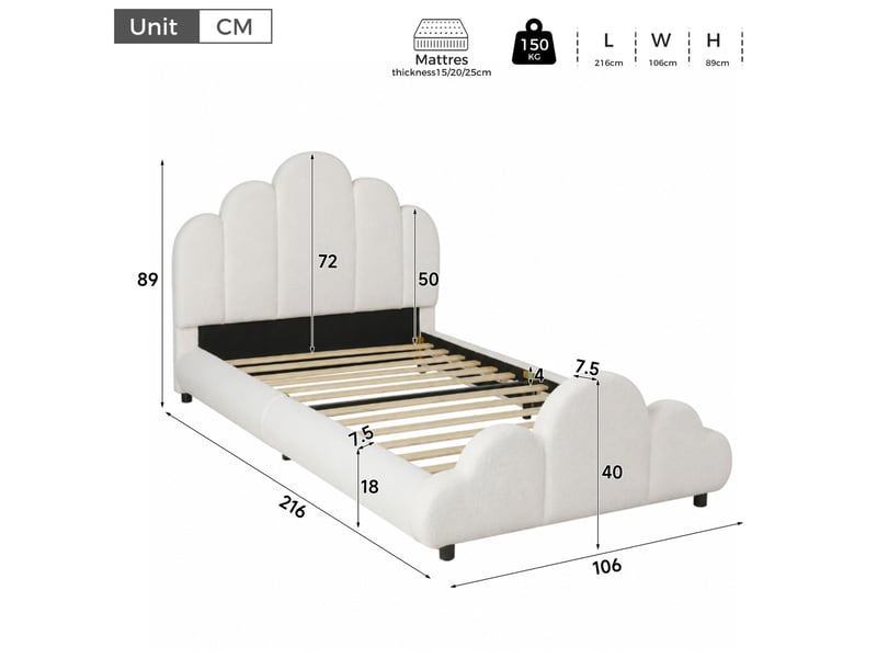  Lit enfant 90x200 cm en bouclé beige avec sommier à lattes et angles arrondis  - Conforama C